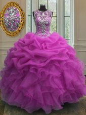 Scoop Sleeveless Floor Length Beading and Ruffles and Pick Ups Lace Up Sweet 16 Dresses with Fuchsia