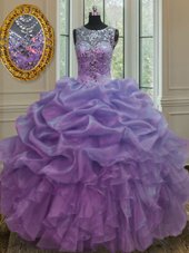 Cheap Scoop Lavender Sleeveless Beading and Ruffles and Pick Ups Floor Length Vestidos de Quinceanera