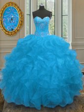 Pretty Beading and Ruffles Quinceanera Gowns Blue Lace Up Sleeveless