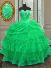 Pick Ups Ruffled Floor Length Green Sweet 16 Dress Halter Top Sleeveless Lace Up