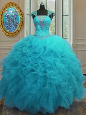 Straps Straps Cap Sleeves Floor Length Beading and Ruffles and Sequins Lace Up Quinceanera Dress with Aqua Blue