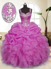 Custom Fit Lilac Straps Neckline Beading and Ruffles and Pick Ups Vestidos de Quinceanera Sleeveless Zipper
