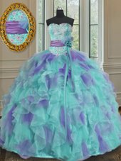 Custom Design Sweetheart Sleeveless Organza Sweet 16 Dresses Beading and Appliques and Ruffles and Sashes|ribbons and Hand Made Flower Lace Up
