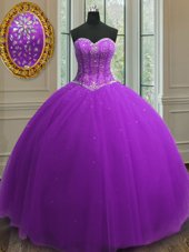 Elegant Beading and Sequins Quince Ball Gowns Purple Lace Up Sleeveless Floor Length