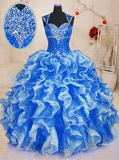 Royal Blue Ball Gowns Beading and Ruffles Sweet 16 Dress Lace Up Organza Sleeveless Floor Length