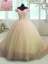 Spectacular Off the Shoulder Yellow Short Sleeves Organza Court Train Lace Up 15th Birthday Dress for Military Ball and Sweet 16 and Quinceanera