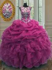 Scoop Fuchsia Sleeveless Beading and Ruffles and Pick Ups Floor Length 15 Quinceanera Dress