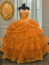 Orange Sweetheart Lace Up Beading and Ruffled Layers and Pick Ups Quinceanera Gown Sleeveless