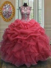 Scoop Coral Red Ball Gowns Beading and Ruffles and Pick Ups 15 Quinceanera Dress Lace Up Organza Sleeveless Floor Length