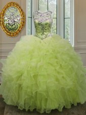 Scoop Yellow Green Sleeveless Organza Lace Up Quinceanera Dresses for Military Ball and Sweet 16 and Quinceanera