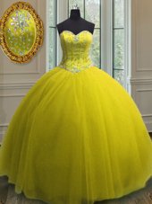 Yellow Ball Gowns Sweetheart Sleeveless Tulle Floor Length Lace Up Beading and Sequins 15 Quinceanera Dress