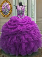 Purple Vestidos de Quinceanera Military Ball and Sweet 16 and Quinceanera and For with Beading and Ruffles and Pick Ups Scoop Sleeveless Lace Up