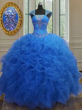 Spectacular Sequins Royal Blue Cap Sleeves Organza Lace Up Quinceanera Gown for Military Ball and Sweet 16 and Quinceanera