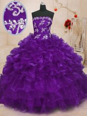 Popular Purple Ball Gowns Strapless Sleeveless Organza Floor Length Lace Up Beading and Appliques and Ruffles Quinceanera Dress