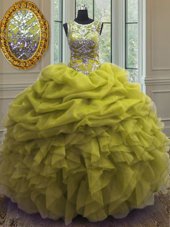 Beauteous Pick Ups Scoop Sleeveless Lace Up Quinceanera Dresses Yellow Green Organza