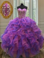 Custom Designed Multi-color Sleeveless Floor Length Beading and Ruffles Lace Up 15th Birthday Dress
