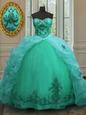Fantastic With Train Turquoise Quinceanera Dress Organza Court Train Sleeveless Beading and Appliques and Pick Ups