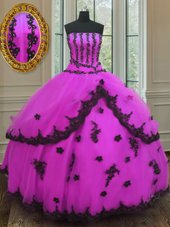 Fuchsia Lace Up Strapless Appliques Quince Ball Gowns Tulle Sleeveless