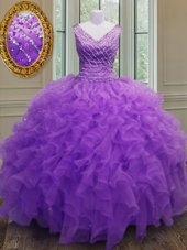 Purple V-neck Zipper Beading and Ruffles Sweet 16 Dresses Sleeveless