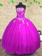 Sleeveless Tulle Floor Length Lace Up Quinceanera Gown in Fuchsia for with Appliques and Ruching