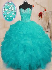 Chic Floor Length Aqua Blue Sweet 16 Dress Sweetheart Sleeveless Lace Up