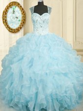 High End Ball Gowns Quinceanera Gowns Baby Blue Straps Organza Sleeveless Floor Length Lace Up