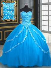 Sleeveless With Train Beading and Appliques Lace Up Quinceanera Dresses with Aqua Blue Brush Train