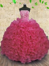 Floor Length Hot Pink Sweet 16 Dress Organza Sleeveless Beading and Ruffles