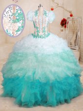 Top Selling Multi-color Organza Lace Up Sweetheart Sleeveless With Train Quinceanera Dress Brush Train Beading and Appliques and Ruffles