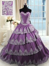 Shining Sweetheart Sleeveless Sweet 16 Dresses With Train Court Train Beading and Appliques and Ruffled Layers Fuchsia Taffeta