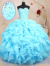 Baby Blue Lace Up Sweetheart Beading and Ruffles Ball Gown Prom Dress Organza Sleeveless