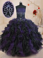 Black And Purple Quinceanera Dress Military Ball and Sweet 16 and Quinceanera and For with Beading and Ruffles Strapless Sleeveless Lace Up