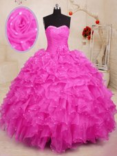 Simple Hot Pink Sleeveless Beading and Ruffles and Hand Made Flower Floor Length Sweet 16 Dresses