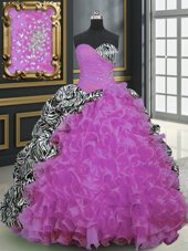 Sumptuous Fuchsia Ball Gowns Organza and Printed Sweetheart Sleeveless Beading and Ruffles and Pattern With Train Lace Up 15 Quinceanera Dress Brush Train