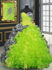 Discount Printed Yellow Green Sleeveless With Train Beading and Ruffles and Pattern Lace Up Sweet 16 Quinceanera Dress