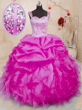 Suitable Fuchsia Organza Lace Up Sweet 16 Dresses Sleeveless Floor Length Beading and Ruffles and Pick Ups