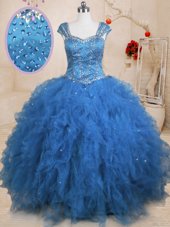 Tulle Straps Cap Sleeves Lace Up Beading and Ruffles and Sequins Quinceanera Gown in Teal