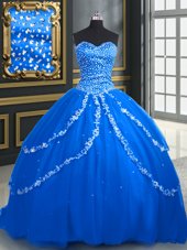 Trendy Tulle Sweetheart Sleeveless Brush Train Lace Up Beading and Appliques Quinceanera Dress in Blue
