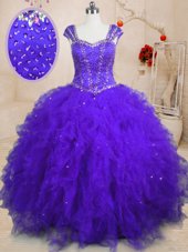 Best Floor Length Purple Sweet 16 Dress Tulle Cap Sleeves Beading and Ruffles and Sequins