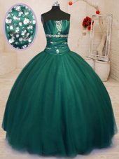 Elegant Dark Green Ball Gowns Beading Quince Ball Gowns Lace Up Tulle Sleeveless Floor Length