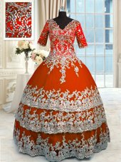 Luxury Ball Gowns Quince Ball Gowns Orange Red V-neck Tulle Half Sleeves Floor Length Zipper