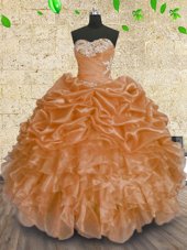 Admirable Sequins Ball Gowns 15 Quinceanera Dress Orange Sweetheart Organza Sleeveless Floor Length Lace Up