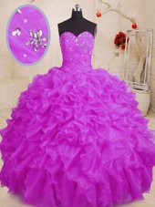 Purple Ball Gowns Sweetheart Sleeveless Organza Floor Length Lace Up Beading and Ruffles Sweet 16 Dress