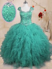 Stunning Floor Length Turquoise 15th Birthday Dress Tulle Cap Sleeves Beading and Ruffles