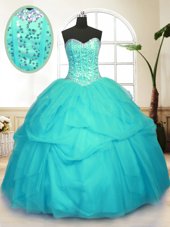 Aqua Blue Sweetheart Lace Up Sequins and Pick Ups 15th Birthday Dress Sleeveless