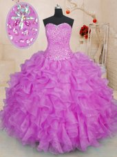 Fuchsia Organza Lace Up Sweet 16 Quinceanera Dress Sleeveless Floor Length Beading and Ruffles