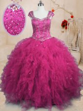 Graceful Fuchsia Square Lace Up Beading and Ruffles Quinceanera Gowns Cap Sleeves