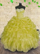 Vintage Sleeveless Organza Floor Length Lace Up Sweet 16 Dress in Green for with Beading and Appliques and Ruffles and Ruching