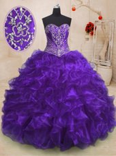 Custom Designed Purple Lace Up Ball Gown Prom Dress Beading and Ruffles Sleeveless With Train Sweep Train