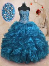 Hot Selling Blue Organza Lace Up Quince Ball Gowns Sleeveless With Train Sweep Train Beading and Ruffles